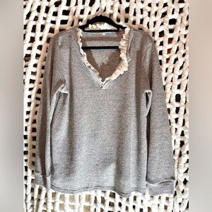 XL Heathered Grey Sweater with White Lace around Collar